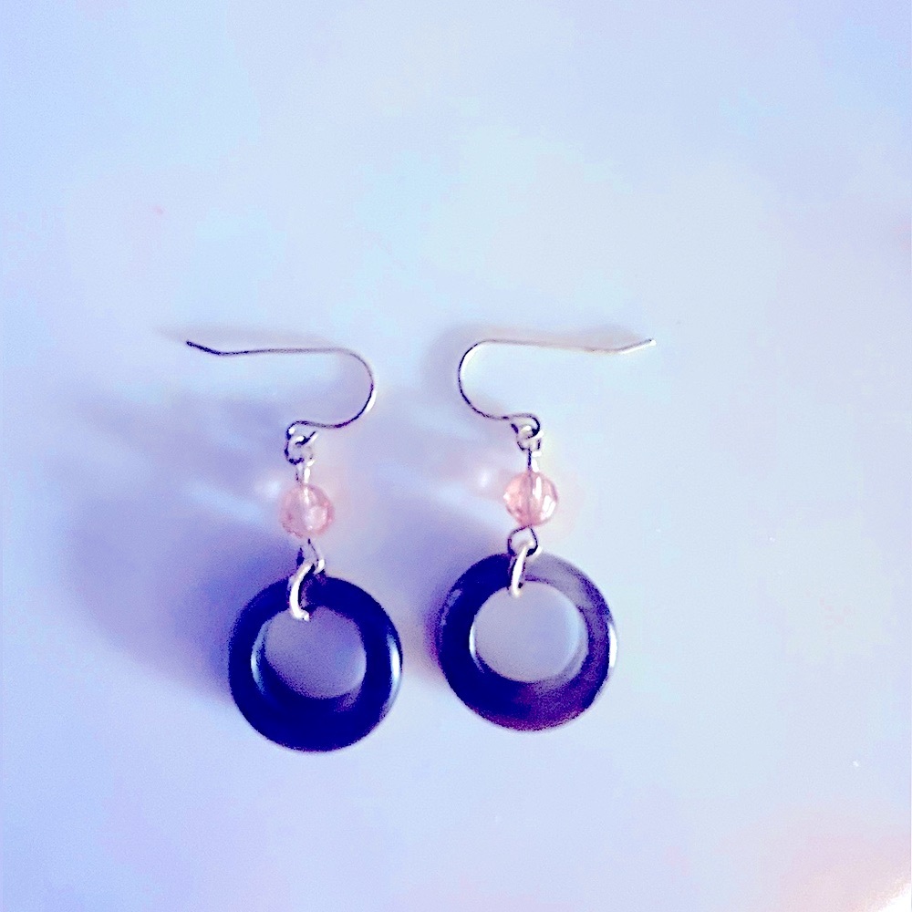 Gray Mother-of-Pearl earrings, carved loops w pink crystals drop pierced